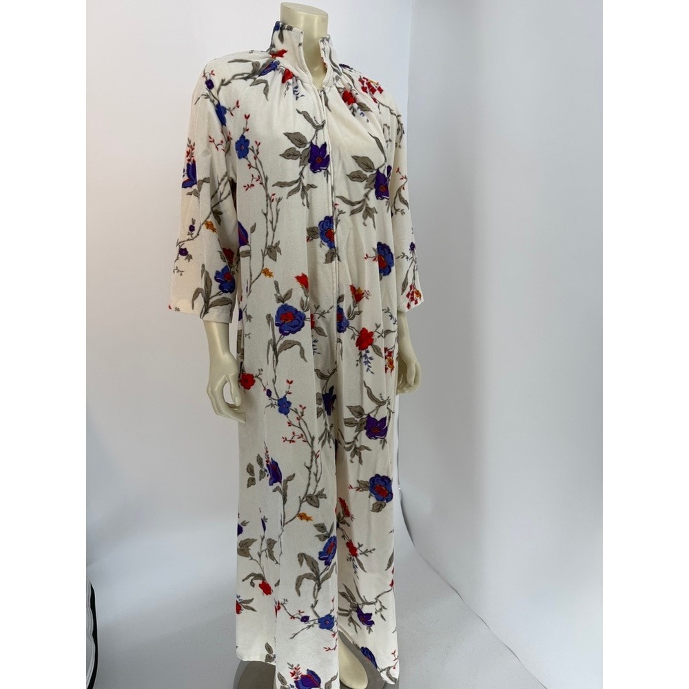 Vintage Floral Fleece Maxi Robe Zip Front Long Housecoat Cream Blue Red XL